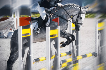 A dappled gray racehorse with a rider in the saddle quickly jumps over a high yellow-black barrier at a show jumping competition.