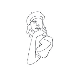 Linear glamour logo in minimal icon of girl in hat. Fashionable casual headwear. Graceful lady in headgear. Linear female beauty simple face drawn by one continuous line. 