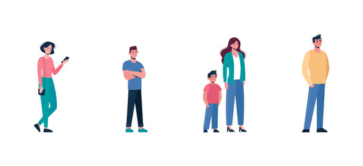 Queue, subject to social distance. Men, women, a child stand in line, keep a distance of 1-2 m. To protect against the spread of viruses, including coronavirus. Vector illustration