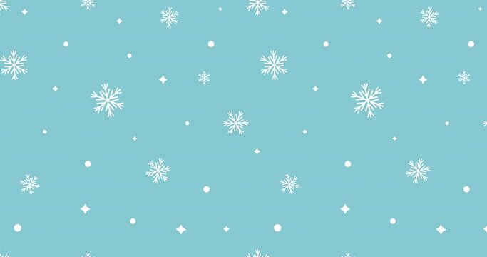 Snowflake seamless pattern. Snow on blue background. Abstract wallpaper, wrapping decoration. Symbol winter, Merry Christmas holiday, Happy New Year celebration loop animation 4K