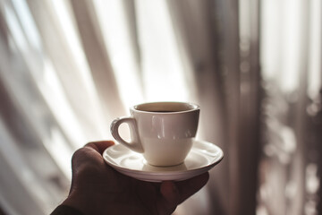 delicious aromatic coffee, in a cup, beans, natural, ground