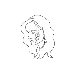 Linear female beauty simple face. Botanical element. Graphic leaf. Minimal logo. Vector icon design. Continuous line drawing. Woman portrait. Glamour vogue concept. 