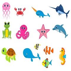 Cute animals set illustration,  vector collection: farm animals,sea animals wild animals, 
