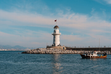 Gelidonya sea Top view of Lighthouse at cape in Mediterranean sea, Shooting, Antalya Province in Turkey.