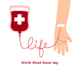 Blood donation concept. Hand with medical bag container, text Life. Hematology medicine illustration. Vector for world donor day