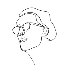 Linear portrait male face in glasses. Head man in minimal style. Continuous line. Promotion logo design for eyeglass store, vision health clinic, male stylist and hairdresser. 