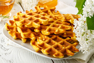 Breakfast in cafe - Belgian waffles with sauce and a cup of tea on a wooden table in room