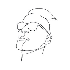Linear portrait male face in glasses. Head man in minimal style. Continuous line. Promotion logo design for eyeglass store, vision health clinic, male stylist and hairdresser. 
