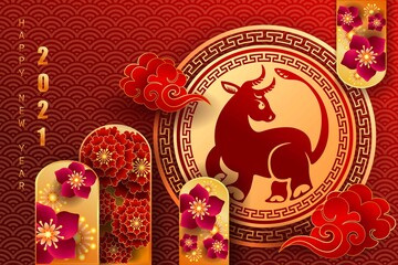 Happy new year 2021 / Chinese new year / Year of the ox / Zodiac sign for greetings card, invitation, posters, brochure, calendar, flyers, banners.