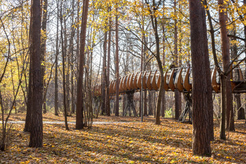 Russia,  Moscow: Aerial ecological trail among tree crowns,  VDNH park, autumn.