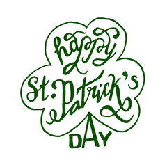 Vector illustration: Handwritten elegant modern brush lettering composition of Happy St. Patrick's Day on white background. Retro Style Emblems leaf clover. Typography. 