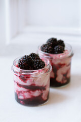 Homemade Blackberry Fool Summer Dessert in Glass Jars