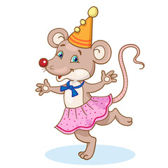 Little funny mouse dancing in a clown costume. In cartoon style isolated on white background. Vector illustration.