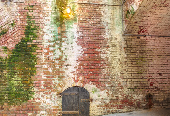 ancient mossy brick wall with black door and light. Ruinous wall wreck Texture for tapestry and wallpaper. Copy space on bricks wall and green wooden doors
