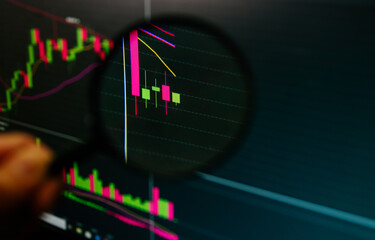 magnifying glass. business financial trading. concept stock market finance monitor chart 