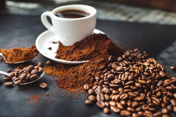 delicious aromatic coffee, in a cup, beans, natural, ground