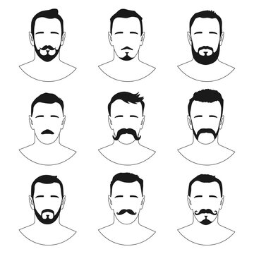Men hairstyle, beards, mustaches, hipster haircuts vector black silhouette set isolated on white background.