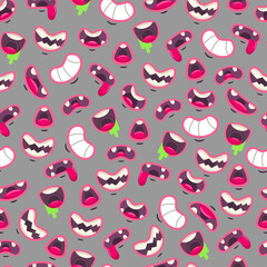 Cute cartoon monster mouth vector seamless pattern on background for wallpaper, wrapping, packing, and backdrop.