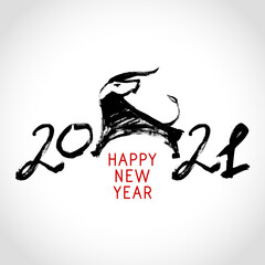Greeting card design template with Chinese calligraphy for 2021 New Year of the ox, bull, cow. Lunar new year 2021. Zodiac sign for greetings card, invitation, posters, banners, calendar