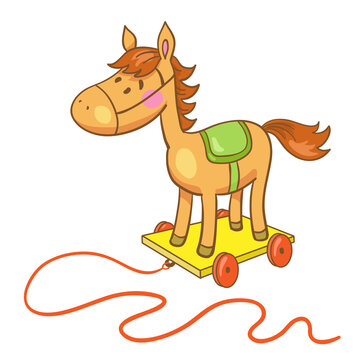 Small wooden horse -a toy for riding. In cartoon style. Isolated on white background. Vector illustration.