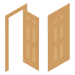 Set of different wooden door isolated on white background. Vector. Isometric view