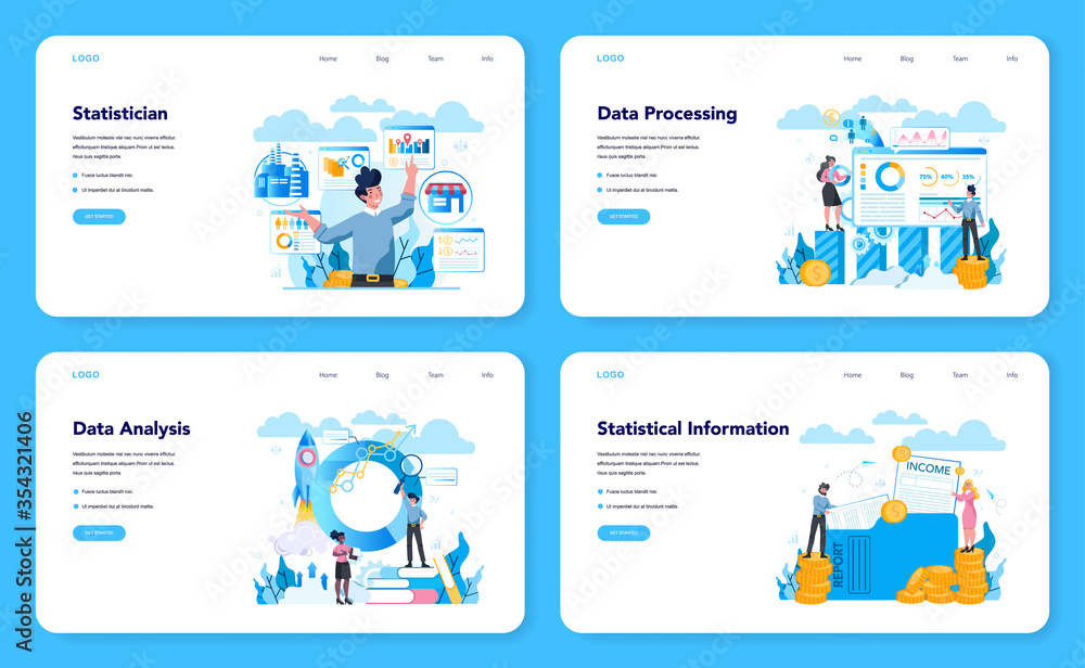 Poster statistician and statistic web banner or landing page set. specialist