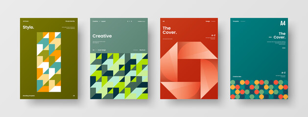 Fototapeta premium Company identity brochure template collection. Business presentation vector A4 vertical orientation front page mock up set. Corporate report cover abstract geometric illustration design layout bundle.