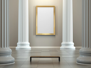 Museum with colonnade and empty golden frame on wall - 3d rendering