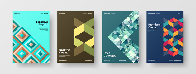 Fototapeta premium Company identity brochure template collection. Business presentation vector A4 vertical orientation front page mock up set. Corporate report cover abstract geometric illustration design layout bundle.