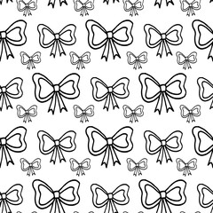 Seamless pattern with creative black-and-white doodle bowknot on white background. Vector image.