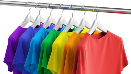 Row of many colorful rainbow new fabric cotton t-shirts on hangers isolated on white background. 3d rendering