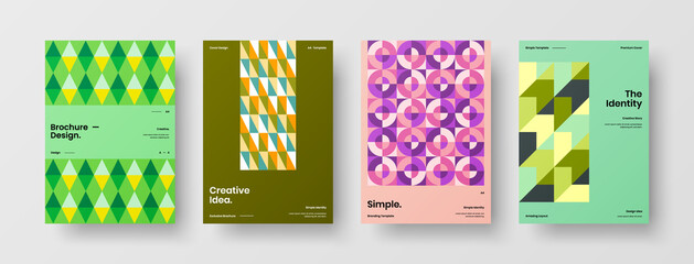 Fototapeta premium Company identity brochure template collection. Business presentation vector A4 vertical orientation front page mock up set. Corporate report cover abstract geometric illustration design layout bundle.