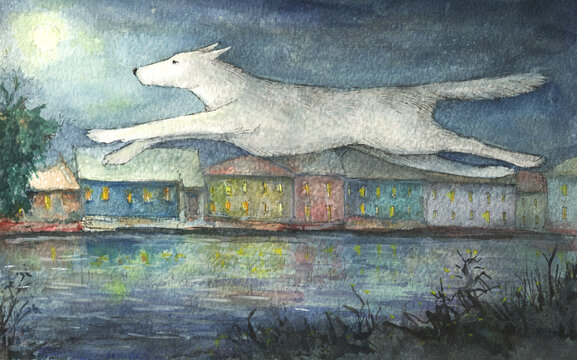Dog, running at night along the coast, watercolor illustration