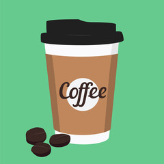 Vector illustration disposable coffee cup icon with coffee beans on green background. Coffee cup logo