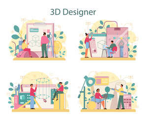 Designer 3D modeling concept set. Digital drawing with electronic