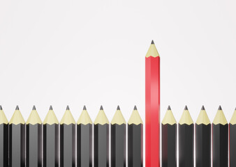 3d rendering Standing out from the crowd, and being an individual and different concept. Red pencil standing out above other pencils showing elitism and leadership.