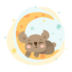 cute sleepy koala. fluffy animal sleeps on the moon. good night baby. children print