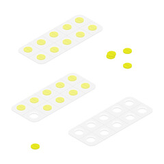 Packaging for drugs: painkillers, antibiotics, vitamins and aspirin tablets. Set of blisters icons with pills.