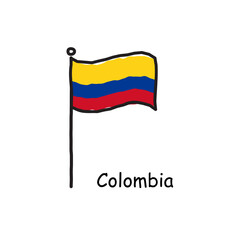 hand drawn sketchy Colombia flag on the flag pole. three color flag . Stock Vector illustration isolated on white background.