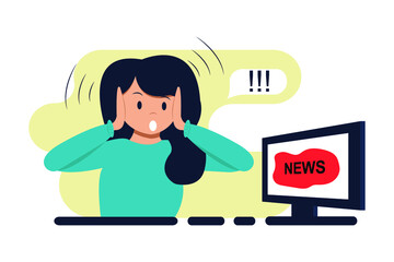 Woman watching news on TV, computer. Shock content, fake news, lies or gossip on television. Emotion of surprise, stress, shock. Vector illustration in flat style, cartoon style