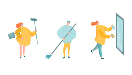 Housekeeping workers characters cleaning the house with bucketr, broom, mop and spray