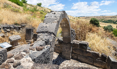 The main entrance in ruins of the Dir Aziz Synagogue, built in the Byzantine period, at the beginning of the sixth century AD. It is located on the Golan Heights in Israel.