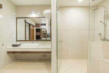 Modern bathroom interior with washbasin and bathtub, luxury shower decoration for home and living...