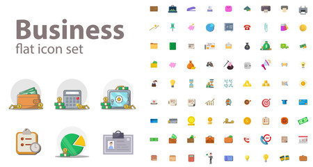 business finances flat icon set with money, bank, chart. office