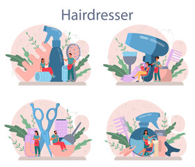 Obraz premium Hairdresser concept set. Idea of hair care in salon. Scissors and brush