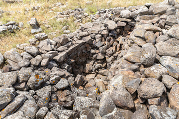 The remnants  of the megalithic complex of the early Bronze Age  - Wheels of Spirits - Rujum Al-Hiri - Gilgal Rephaeem - on the Golan Heights in Israel