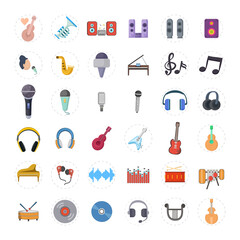 music flat icon set with musical instruments, guitar, drums, musical notes, headphones, microphone