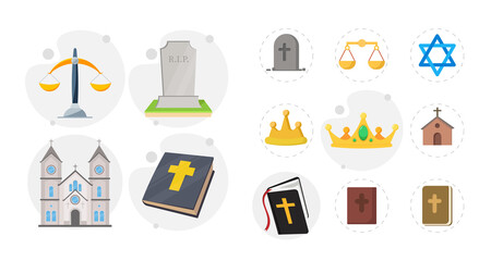 religion flat icon set with holy bible, church, grave, libra
