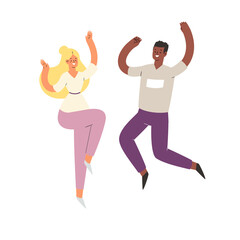Young happy laughing couple man and woman jumping with raised hands in various poses. Joyful positive boy and girl rejoicing together, happiness, freedom concept. Colored vector illustration