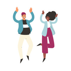 Obraz premium Young happy laughing couple man and woman jumping with raised hands in various poses. Joyful positive boy and girl rejoicing together, happiness, freedom concept. Colored vector illustration